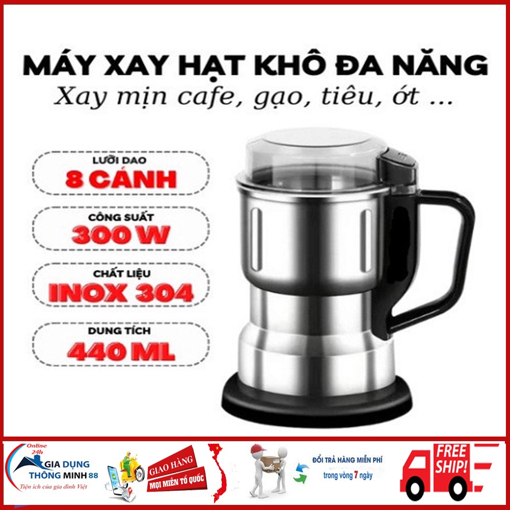 Máy xay hạt khô, xay bột, gia vị cà phê đa năng,công suất 300w,6 lưỡi dao cực bén, chất liệu cối inox, bảo hành 12 tháng