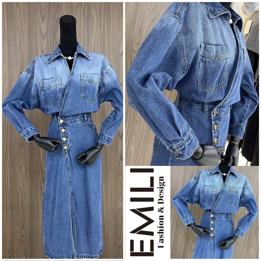 Đầm váy jean Emili dáng tay cánh rơi cổ v chân váy xẻ tà chất liệu bò