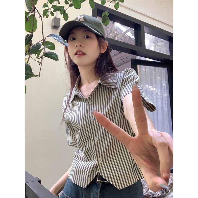 Lalisas Áo Sơ Mi Ngắn Tay Họa Tiết Kẻ Sọc Thời Trang Hàn Quốc Dành Cho Nữ