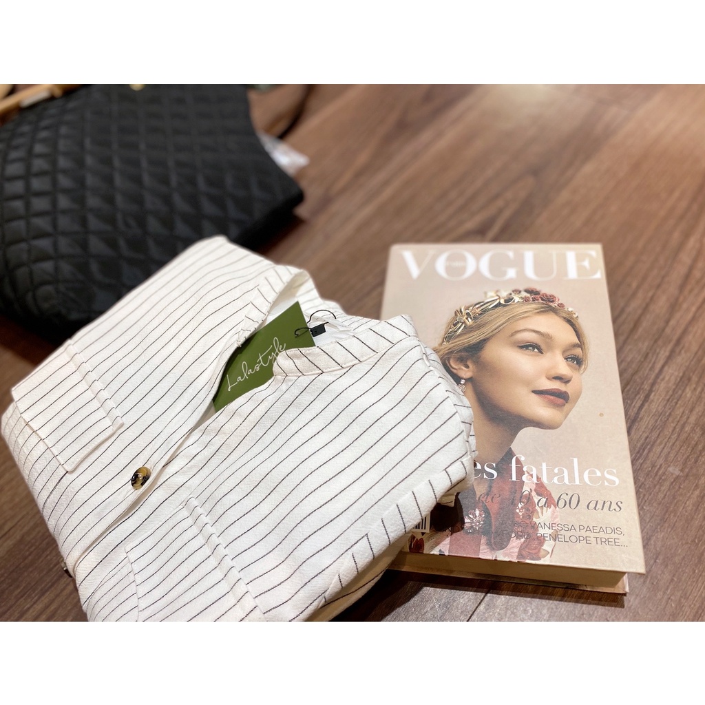 Đầm sơ mi linen kẻ Lalastyle