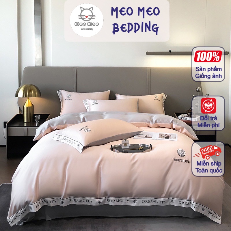 Bộ Chăn Ga Gối 4 Món Phi Lụa RUETIQUE Họa Thiết Thêu Chữ H Luxury Life - MeoMeo Bedding