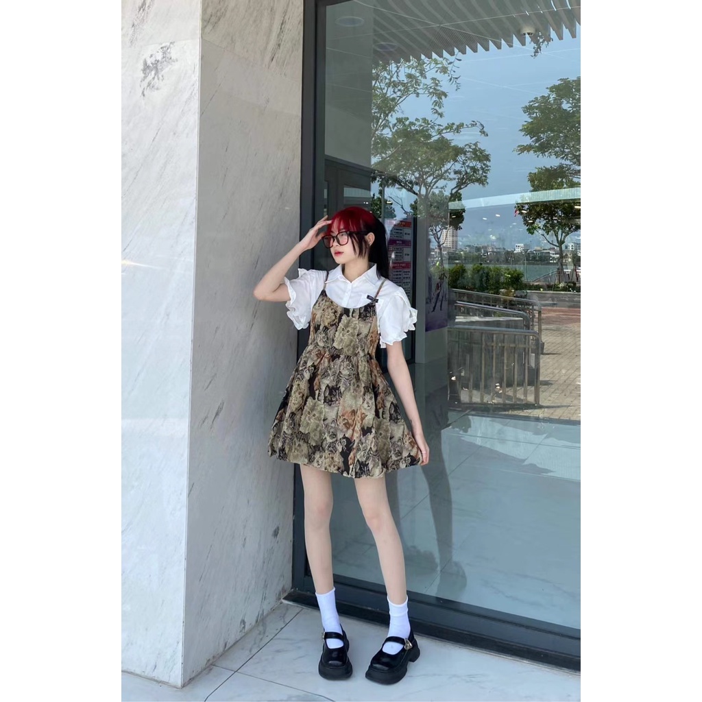 Mnefokc Set Váy Hai Mảnh Kiểu Babydoll Kết Hợp Áo Sơ Mi Tay Phồng Phong Cách Pháp [Hình thật]