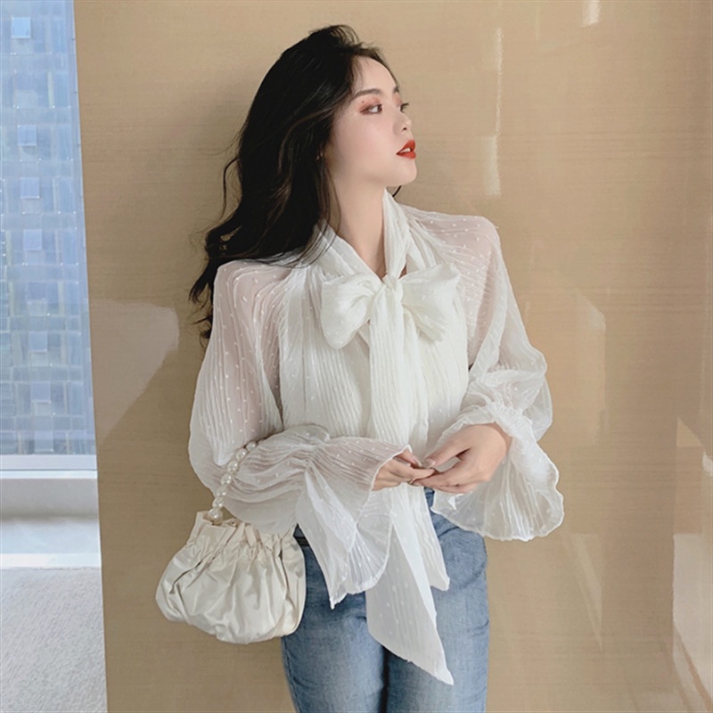 Áo sơ mi nữ tay bồng sơ mi thắt nơ kiểu dáng tiểu thư sang chảnh bánh bèo mặc đi chơi siêu xinh