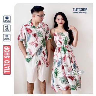 [ẢNH CHỤP, VẢI TƠ ĐŨI NHẬT] Váy trễ vai, váy 2 dây đi biển, set đồ đôi hoạ tiết hoa lá quả