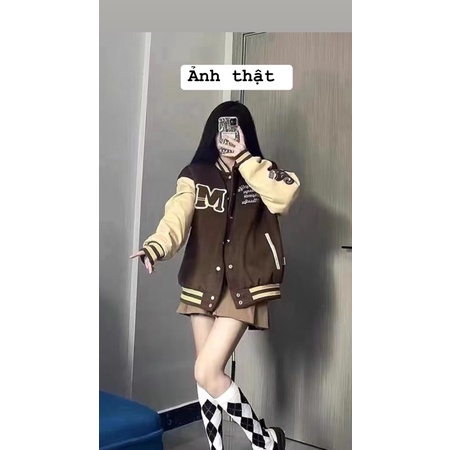 Áo khoác bomber tay da nam nữ màu nâu thêu chữ M
