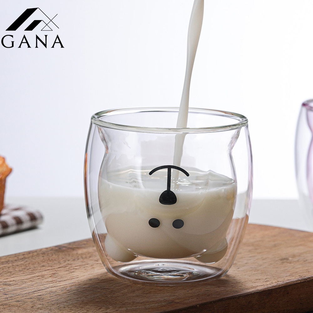 Ly thủy tinh, cốc thủy tinh hình gấu cute, ly thủy tinh 2 lớp chống nóng 250ml GANA