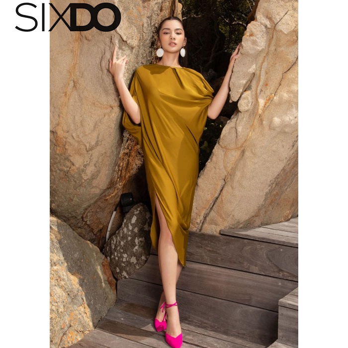 Đầm lụa midi xẻ tà sườn thời trang SIXDO (Yellow Split-side Midi Silk Dress)