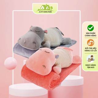  Gấu Bông Hà Mã có mền ANVIHOME Bộ chăn gối văn phòng hình Hà Mã kèm mền 2in1 