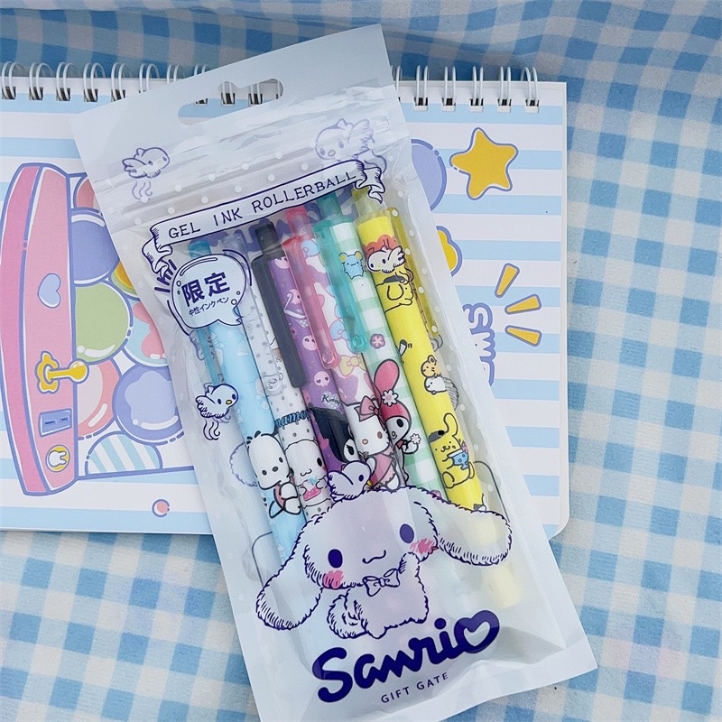 Set 6 bút viết mực Gel Sanrio ngòi 0.5mm kiểu dáng Kuromi Melody Cinnamoroll dễ thương