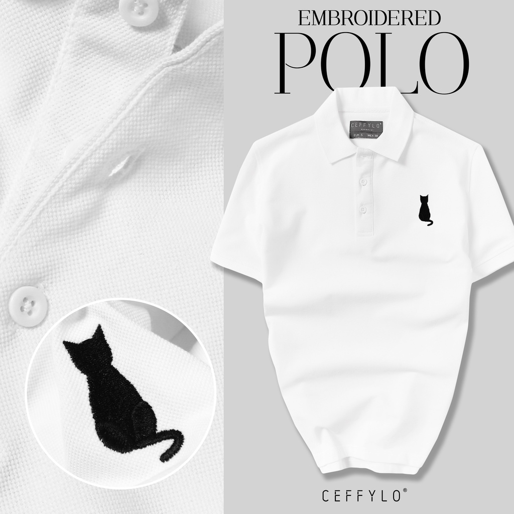 Áo Polo Nam Cộc Tay Thêu Ngực Hình Con Mèo Màu Trắng CF Chất Liệu Cotton ,Trẻ Trung , Form Slimfit ,Ceffylo