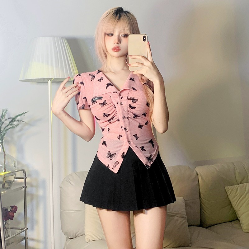 Áo Croptop Tay Ngắn In Hình Bướm Màu Hồng Thời Trang Cho Bé Gái 2023