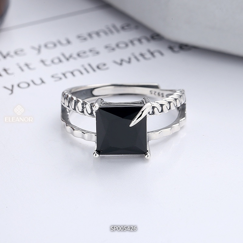 Nhẫn nữ hở bạc 925 Eleanor Accessories viền đan xoắn đính đá vuông phụ kiện trang sức 5426