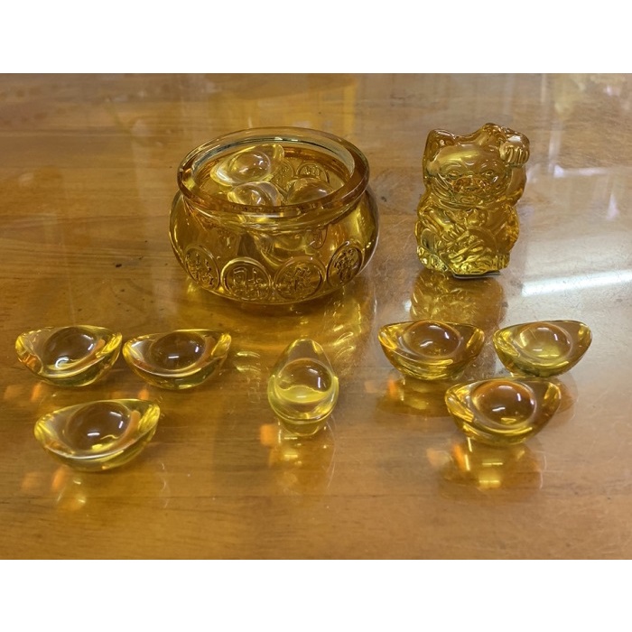 Hũ vàng bát tụ bảo bồn thần tài 10cm + 7 thỏi vàng 4cm + Tượng mèo 7cm, phong thủy chiêu tài lộc