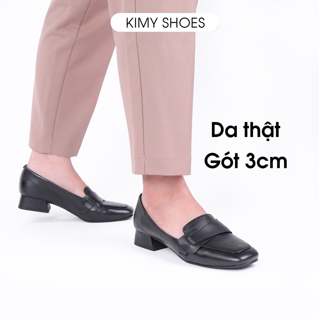 Giày cao gót nữ da thật mũi vuông đai vắt chéo đế vuông 3p - Kimy Shoes