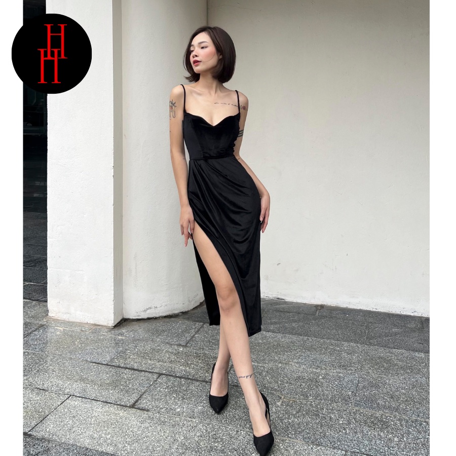 Đầm body hai dây dài qua gối màu đen HDT301 Hỉn Hỉn Store