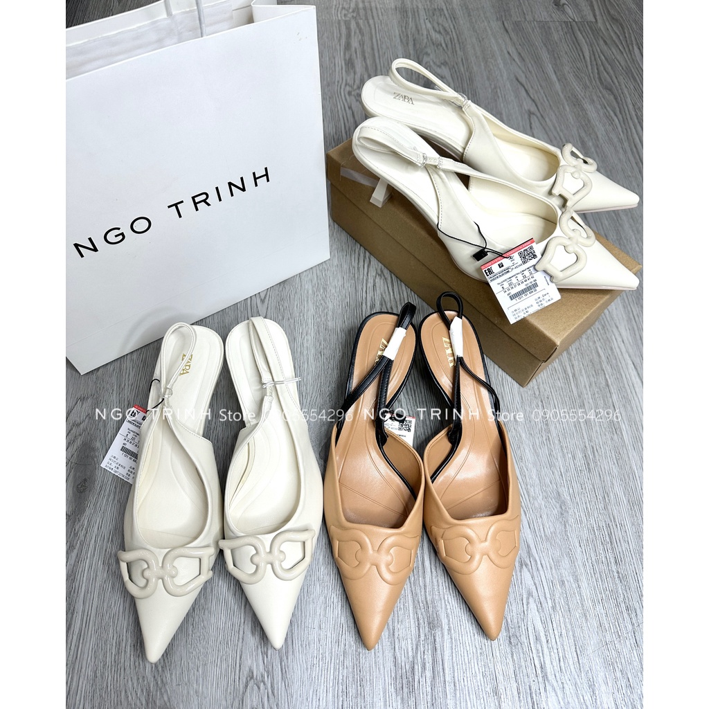 Giày za.ra cao gót Trắng, Nâu, mũi nhọn, hở gót 6cm fullbox