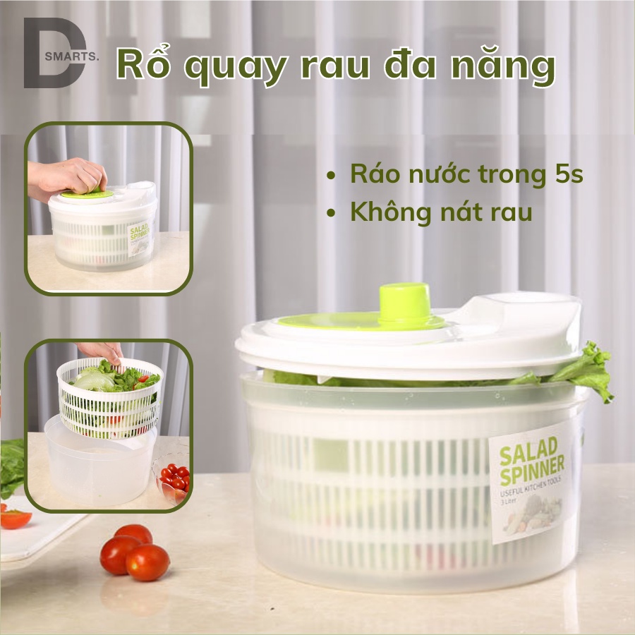 Rổ quay rau, rửa rau đa năng công nghệ quay li tâm làm ráo rau ngay tức thì, giữ được độ tươi lâu của thực phẩm.