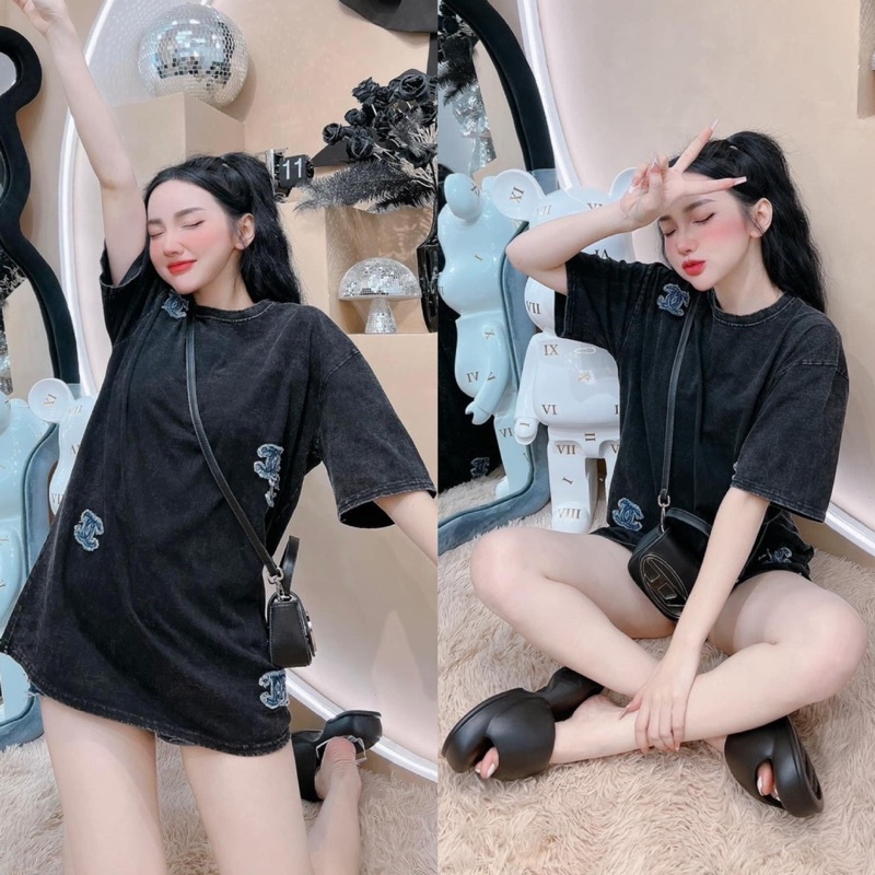 Áo Thun Thêu Nổi Canel Hàng Siêu Cấp - Dáng Thụng Dài Giấu Quần