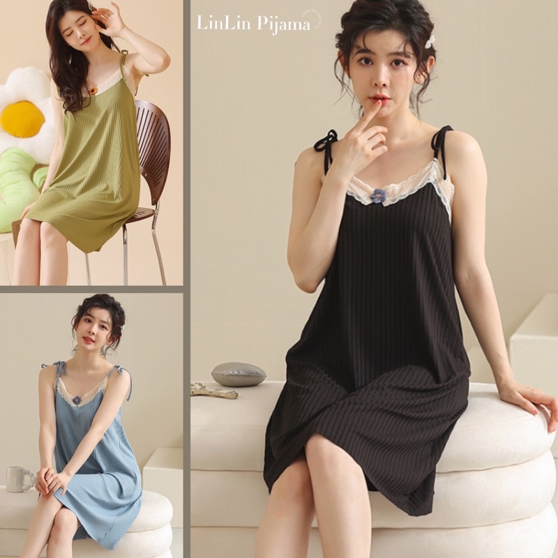 Váy ngủ 2 dây dễ thương, đồ ngủ 2 dây trơn phối viền ren cổ, váy mặc ở nhà chất liệu cotton mềm