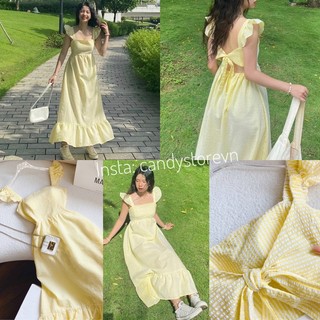 Váy midi sọc vàng cut out nơ lưng (Freesize)