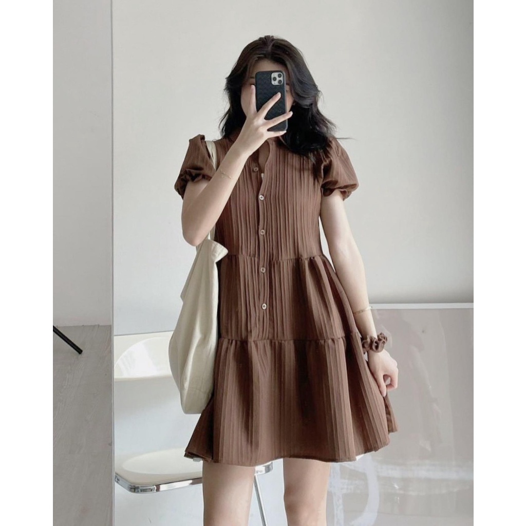 Váy mini ulzzang dáng ngắn EMIX, cộc tay phối cúc cổ sơ mi, chất đũi gân kèm dây buộc tóc 300