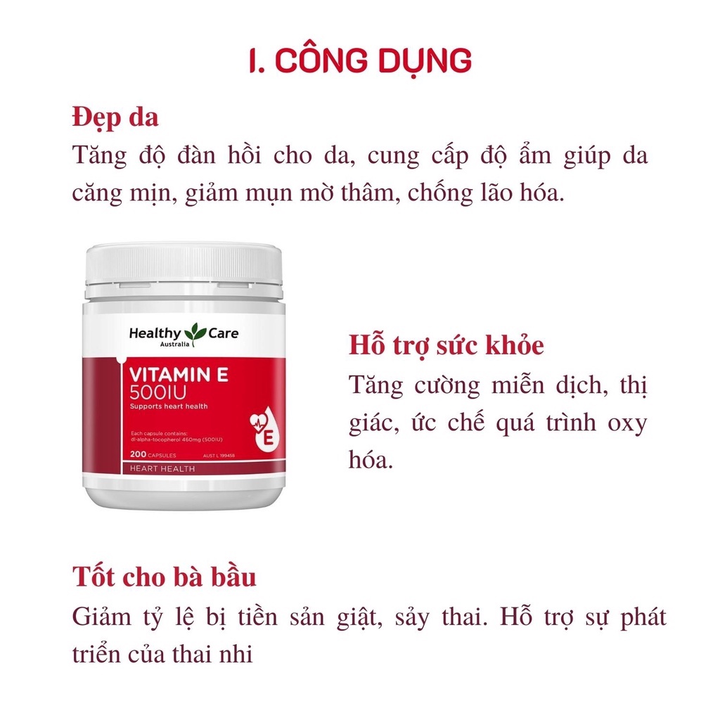 Viên Uống Vitamin E Healthy Care 500IU Hộp 200 Viên Của Úc Chống Lão Hóa Giúp Da Căng Mịn Trắng Sáng