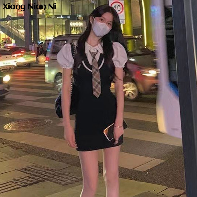 Xiang Nian Ni Set Áo Sơ Mi Tay Phồng + Chân Váy Ngắn Ôm Hông Thời Trang Cho Nữ