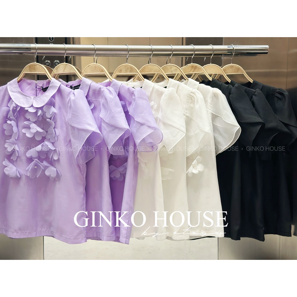 GINKO HOUSE_Sơ mi đính kết hoa cắt lazer, may 2 lớp dày dặn_ A2302