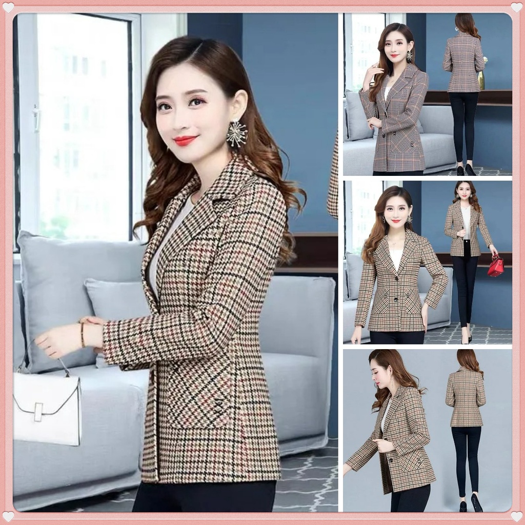 Áo Khoác Dáng Ngắn In Caro Phong Cách Hàn Quốc Thời Trang Xuân Thu Cho Nữ