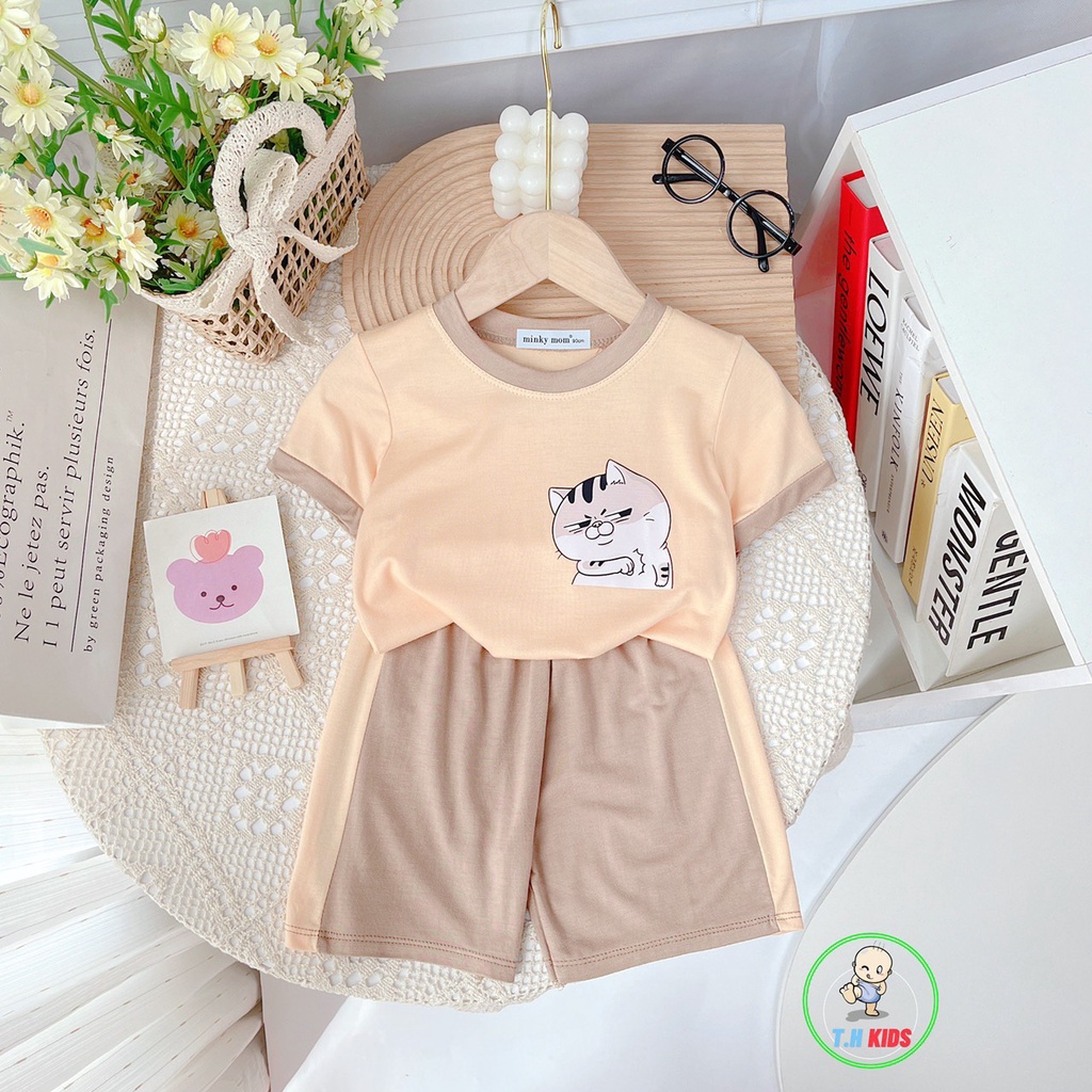 Bộ cộc tay, bộ quần áo cho bé trai, bé gái MINKY MOM in Mèo Ngố kute in pet không bong tróc
