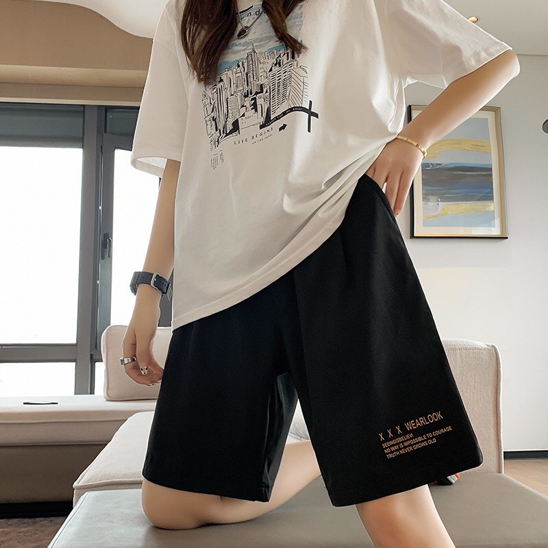 Quần đùi thể thao dây rút in chữ trẻ trung, quần ngắn chất Cotton form rộng thoải mái cho nam DR02