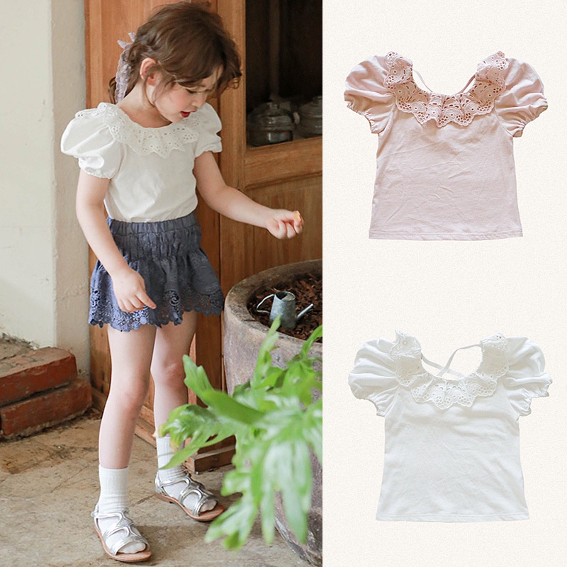 Áo kiểu cho bé gái cộc tay, tay bồng cổ ren, nơ lưng, thời trang siêu yêu, phong cách mùa Hè, Shopbena