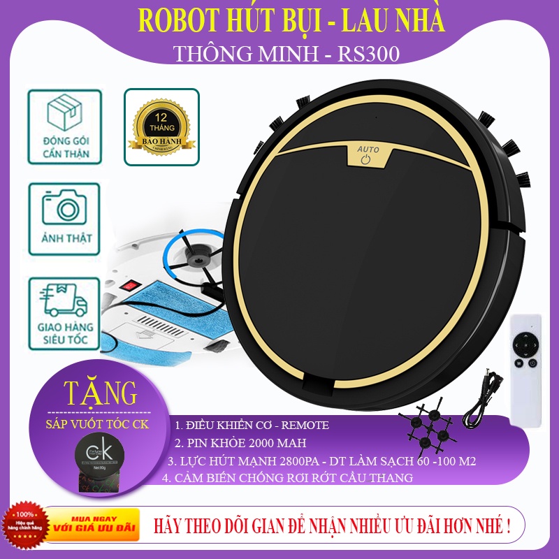 Robot hút bụi lau nhà RS300, Robot hút bụi thông minh, Hút, Quét, Lau, Lập trình dọn dẹp, Bảo Hành 12 Tháng !
