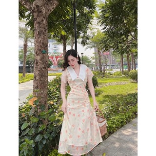 Đầm tơ hoa rúm eo phối cổ sơmi