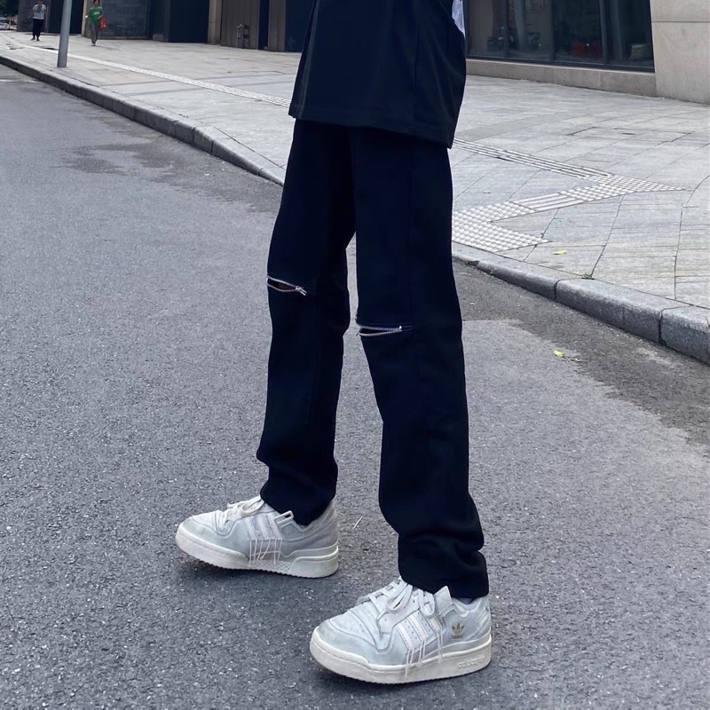 Quần jean khoá zip gối phong cách streetwear Quixotic