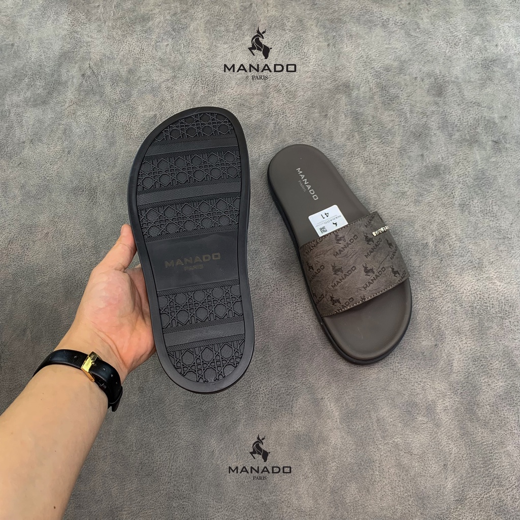 Dép da nam quai ngang cao cấp Manado Mã MND18 màu xám fullbox, quai da mềm mại, đế cao su thiết kế chắc chắn