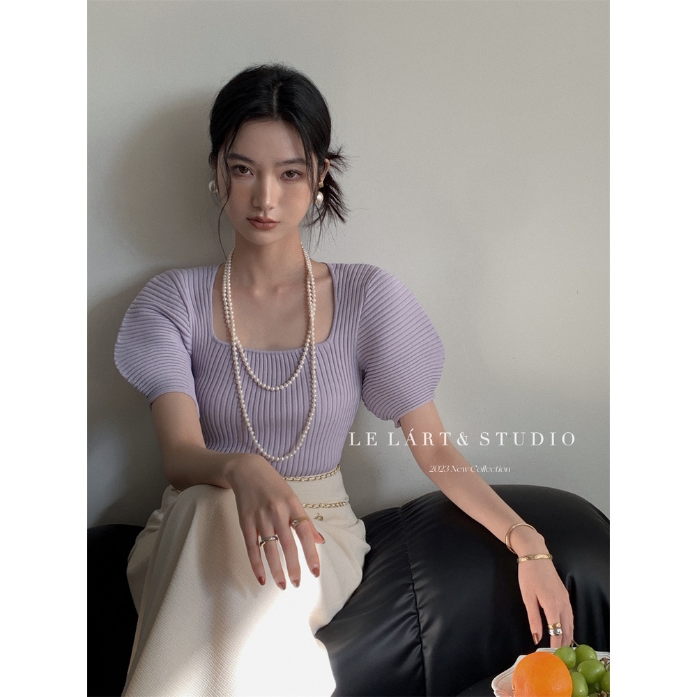 Áo Dệt Kim Cổ Vuông Màu Trơn Dáng Ôm Phong Cách Pháp Thời Trang Cho Nữ 2