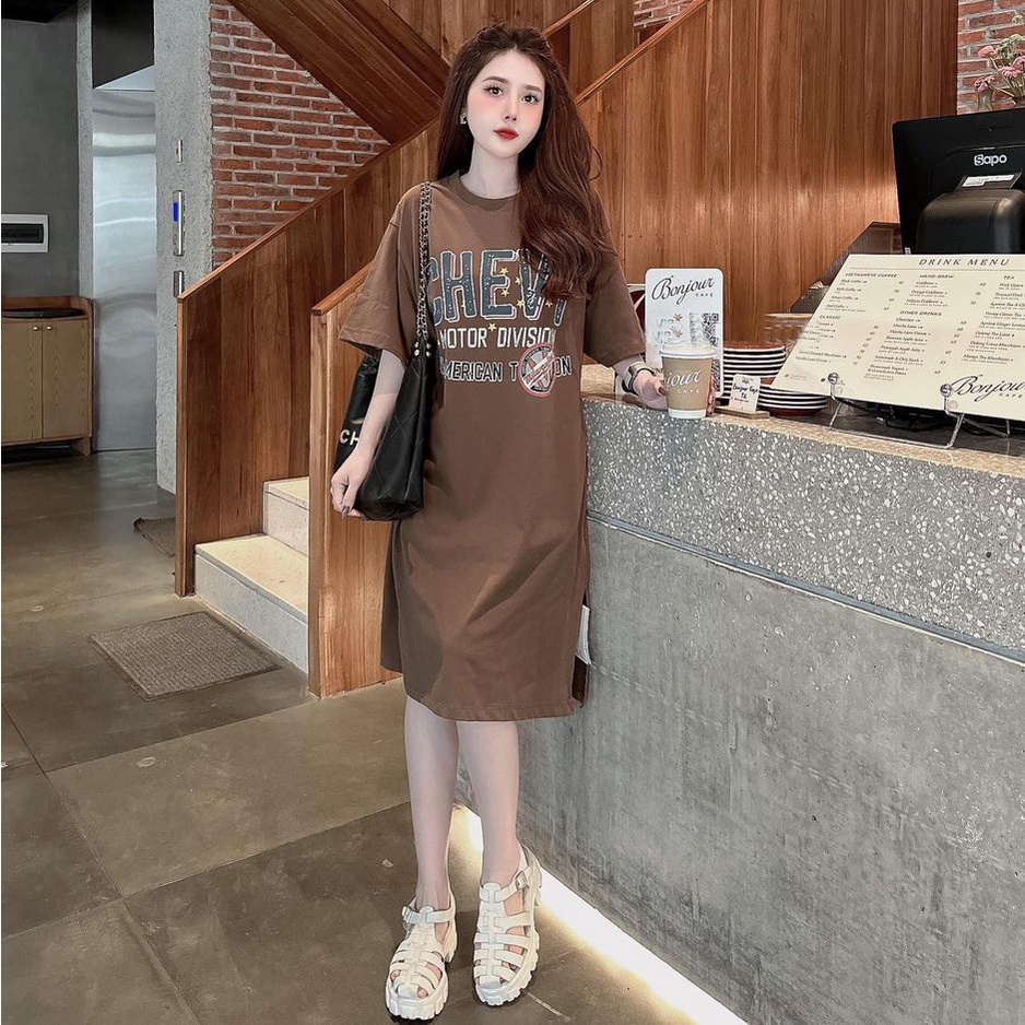 Đầm suông dài , váy suông bầu chất cotton Gemmy House in chữ Chevi