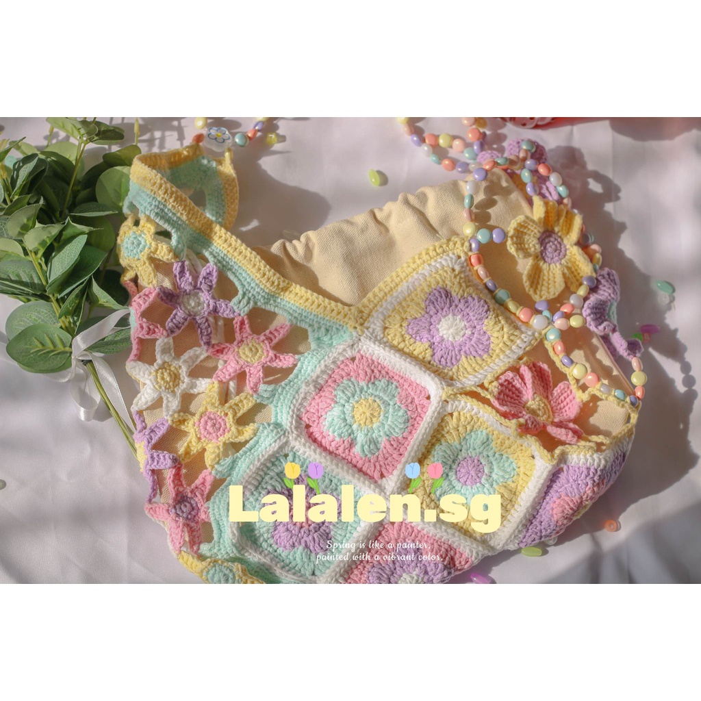 Túi Len Hoa Pastel Dây Cườm Handmade - Nhận mix theo yêu cầu/Đơn cần gấp