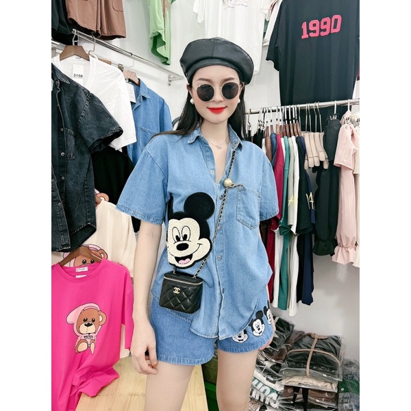 Set Bộ Bò Hình Thêu Xù Nổi Đen Xanh Cho Nữ Loại 1