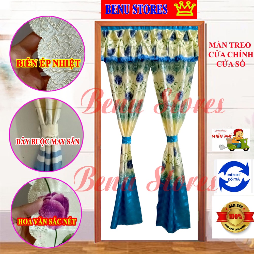 Màn treo cửa, rèm treo cửa chính phi bông xanh dương có ép biên cao cấp, sang trong