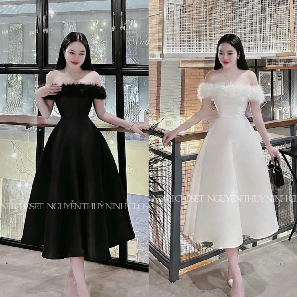 Đầm váy nữ trễ vai phối lông dáng xòe duyên dáng siêu xinh dành cho các tình yêu đi chơi, đi tiệc sang chảnh.