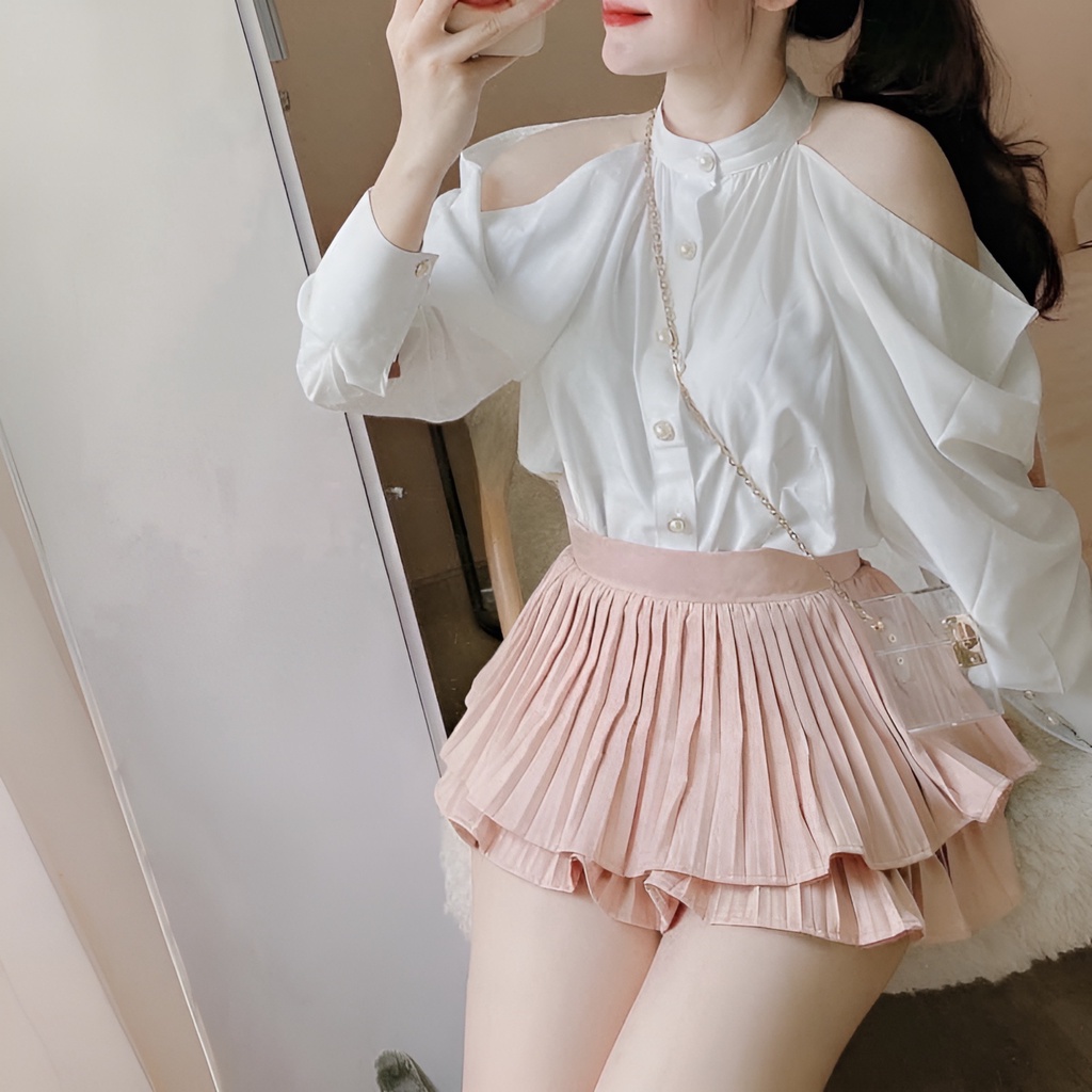 Áo sơ mi nữ tay dài nút ngọc khoét vai tiểu thơ vải chéo ý MÃ QL21