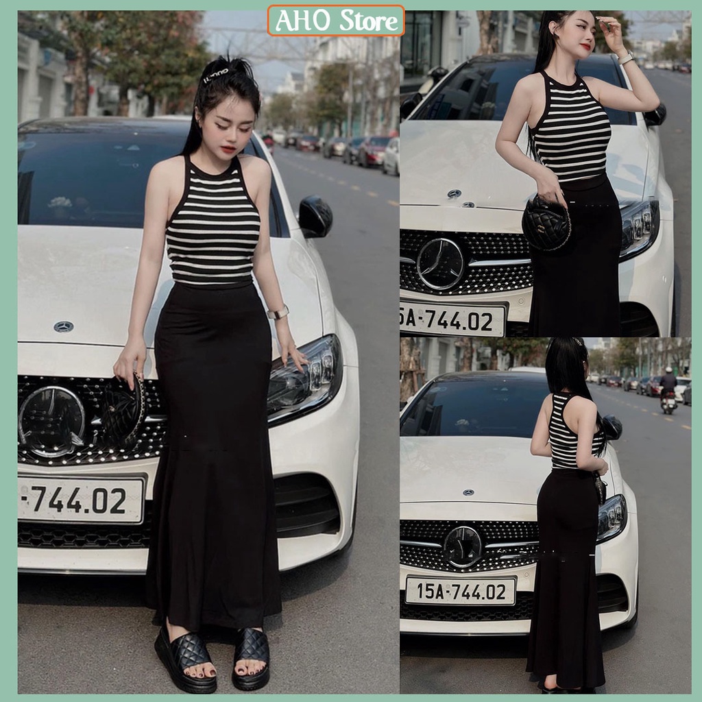 Bộ Đồ Nữ Áo Yếm 3 Lỗ Kẻ Ngang Mix Chân Váy Đen Đuôi Cá Dáng Dài Freesize