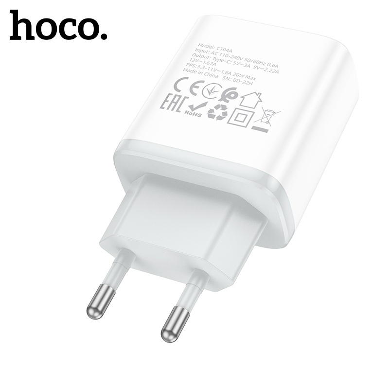 Củ sạc Hoco C104A sạc nhanh PD20W chân tròn 1 cổng Type-C đèn Led , QC3.0 chất liệu cao cấp