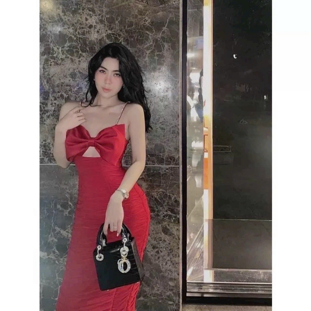 Đầm 2 dây body nhún  nơ ngực fom chuẩn tôn dáng