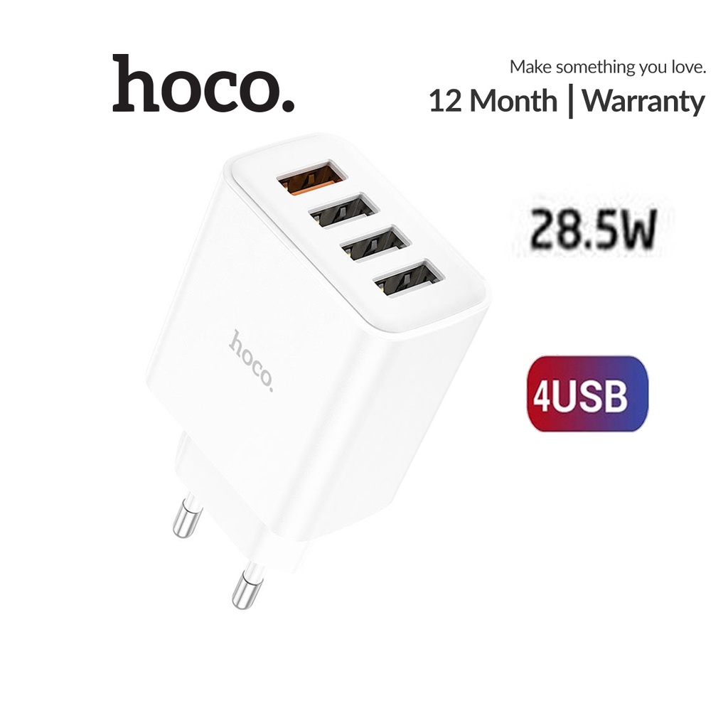 Cốc sạc 28.5W C102A Hoco 4 cổng USB chân tròn hỗ trợ sạc 18W