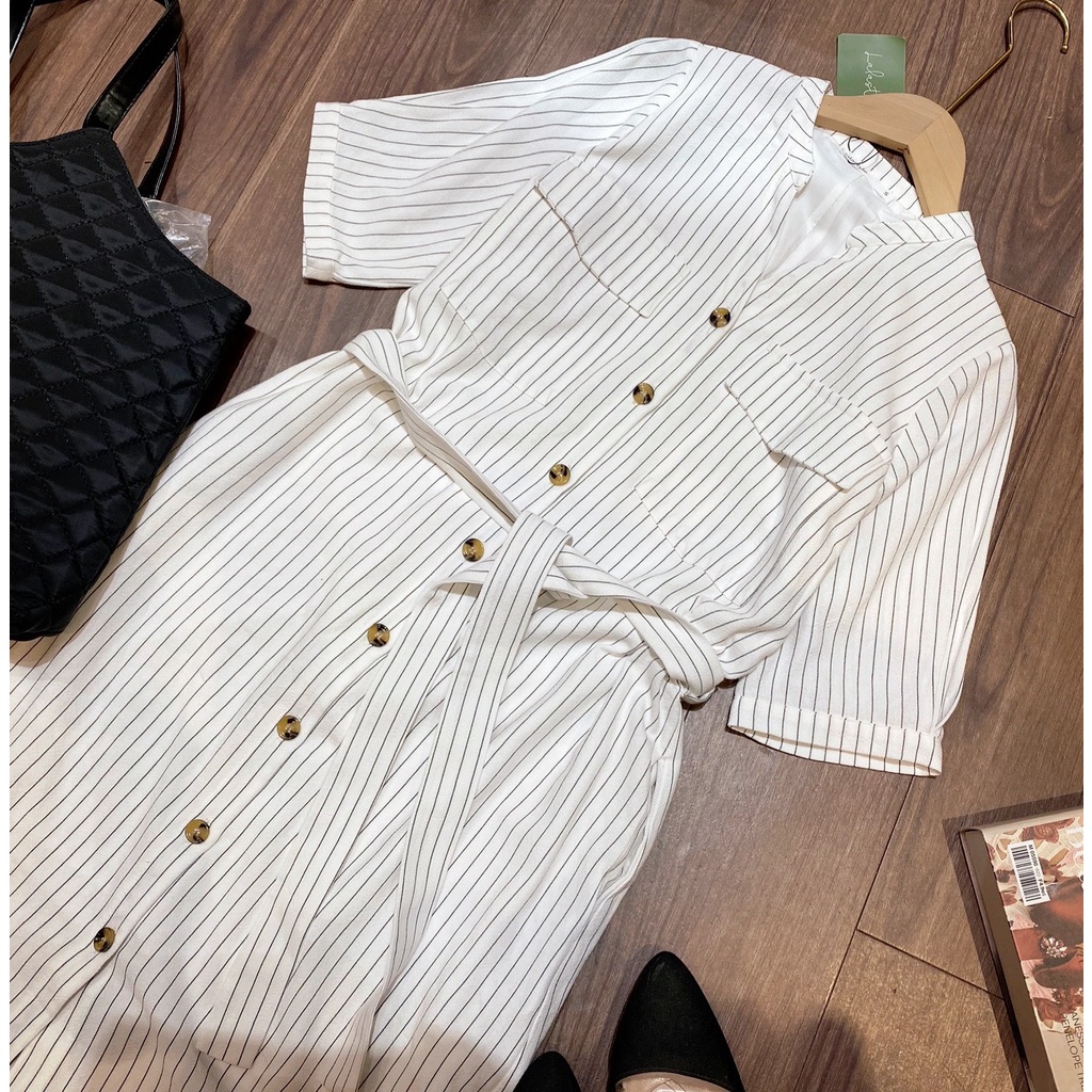 Đầm sơ mi linen kẻ Lalastyle