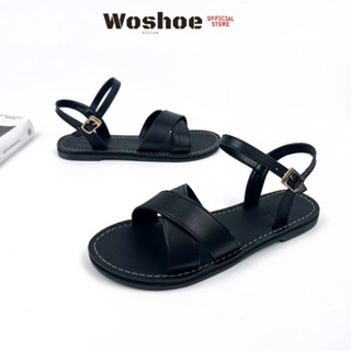  Giày sandal nữ quai chéo đế bệt WOSHOE đi học đi làm full đen bigsize 34-42 W14 