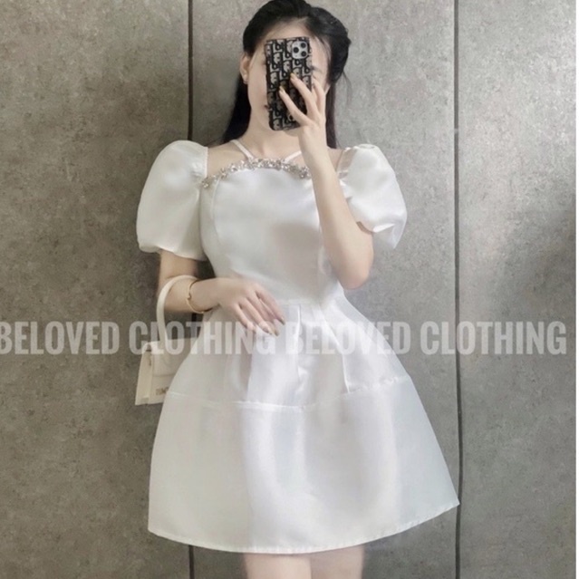 Váy nữ đi chơi Đầm dự tiệc dáng ngắn thiết kế sang chảnh cổ đính đá vải tacta trơn hàng loại 1 (Kèm ảnh thật)